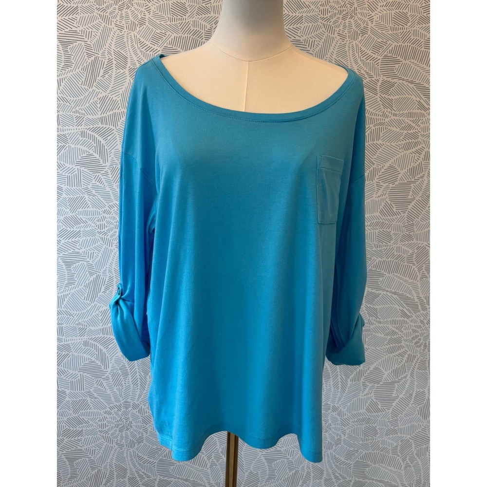 ana A New Approach Jewel Aqua Turquoise Blue Modal Roll Tab Sleeve Pocket Top XL